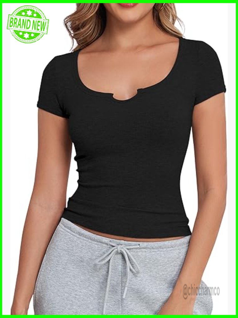 Ribbed Knit Crop Top - Form Fitting Scoop Neck T-Shirt